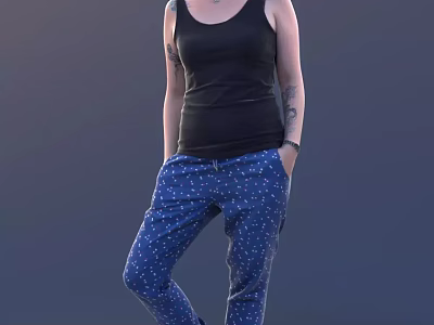 A Woman in Black Tank Top and Blue Polka Dot Pants with Tattoos 3d model