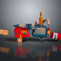 3D Modeled Mechanical Weapon Featuring Red Blue Orange Parts And Flame Emission