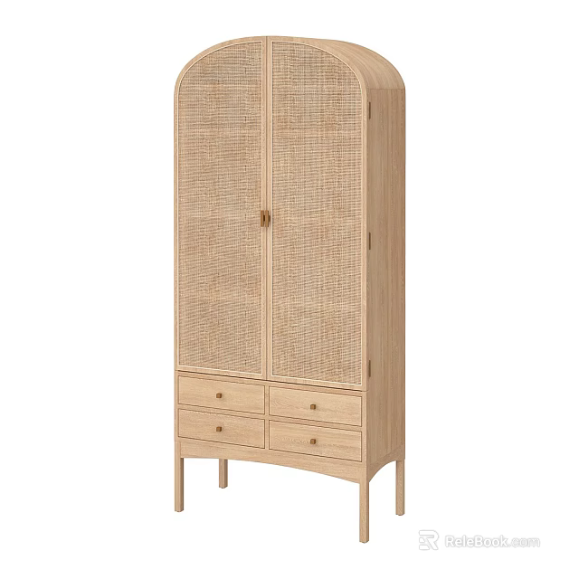 Elegant Natural Light Wooden Wardrobe with Rattan Doors and Drawers Minimalist Design 3d model 