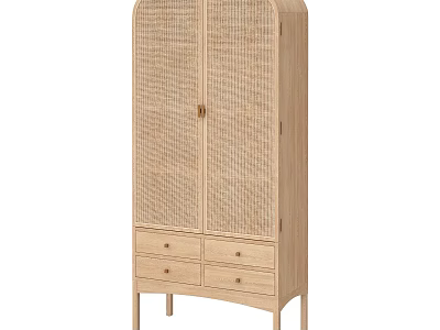 Elegant Natural Light Wooden Wardrobe with Rattan Doors and Drawers Minimalist Design 3d model