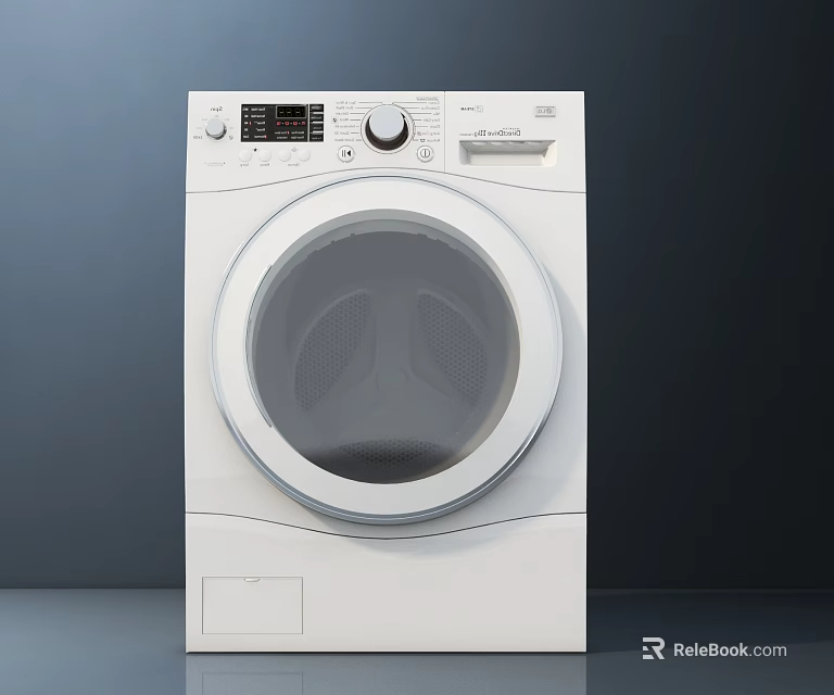 White Front Loading Washing Machine with Control Panel Digital Display and Knob in Modern Setting 3d model