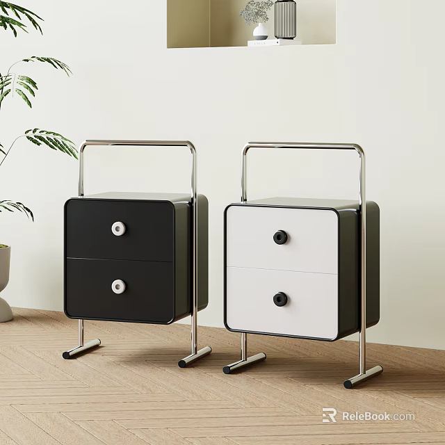 Modern Black and White Bedside Tables with Two Drawers Round Knobs and Metal Frames 3d model
