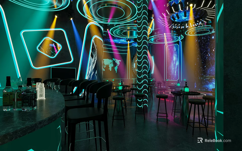 Modern Bar Interior With Neon Lights Bar Counter Tables Chairs And Futuristic Decor 3d model 