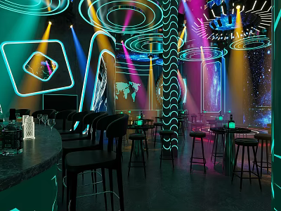 Modern Bar Interior With Neon Lights Bar Counter Tables Chairs And Futuristic Decor 3d model