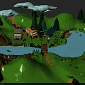Outdoor Camping Scene With Green Hills Trees River Campers Tents And Boat