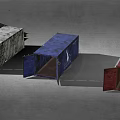 Red And Blue Atlantic Shipping Containers With Various Sizes And Stacked Arrangement