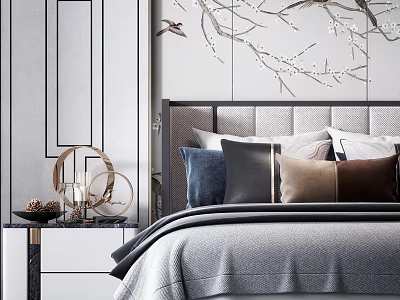 Modern Background Double Bed With Fabric Headboard Mixed Color Pillows And Branch Wall Decor 3d model