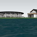 Modern Circular Tourist Center With Large Glass Walls Water Reflection And Two Story Building 3d model