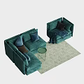 Green Sofa Set With Blue Brown Cushions Green Round Side Table And Geometric Pattern Rug 3d model