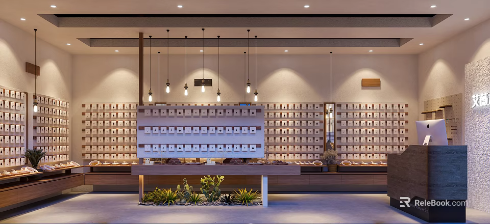 Modern Specialty Store Interior With Shelves Display Table Pendant Lights And Plants 3d model 