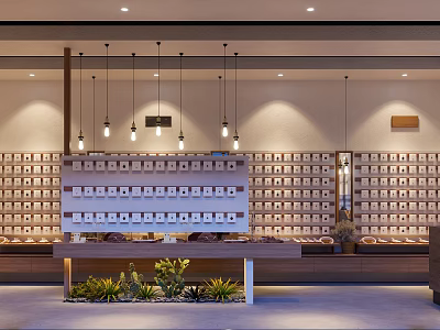 Modern Specialty Store Interior With Shelves Display Table Pendant Lights And Plants 3d model