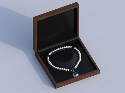 Fine Pearl Bracelet With Charm Pendant In Open Wooden Box Case 3d model