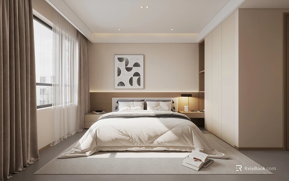 Modern Bedroom Interior With White Bedding Nightstands Table Lamps Wall Art And Wardrobe 3d model 
