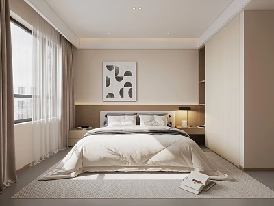 Modern Bedroom Interior With White Bedding Nightstands Table Lamps Wall Art And Wardrobe 3d model