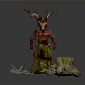 Red Skinned Figure With Antlered Head Holding Scythe On Circular Base With Fallen Leaves Plants