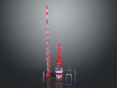 Tall Red And White Communication Tower With Smaller Signal Tower Vehicle And Support Structures 3d model