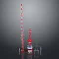Tall Red And White Communication Tower With Smaller Signal Tower Vehicle And Support Structures