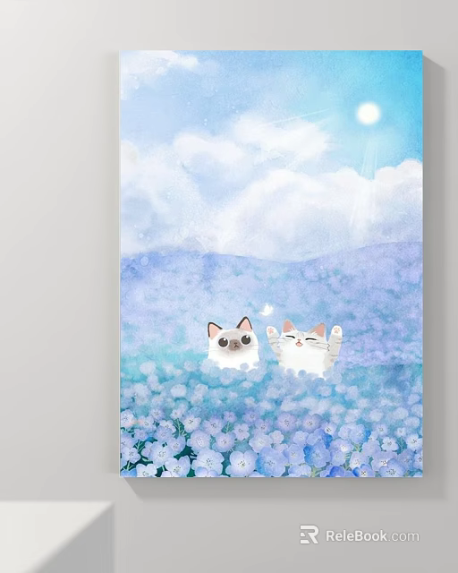 Adorable Animal Painting Of Two Cats In Purple Flower Field With Blue Sky And Clouds 3d model 
