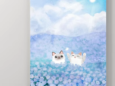 Adorable Animal Painting Of Two Cats In Purple Flower Field With Blue Sky And Clouds 3d model