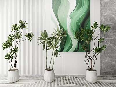 Bonsai Plants In White Pots Displayed Against Light Wall With Green Abstract Painting 3d model
