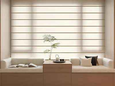 Light Wooden Window Blinds In Cozy Interior With Potted Plant And Open Book 3d model