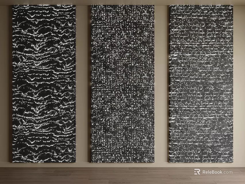 Modern Textured Black And White Wall Art With Three Vertical Panels And Intricate Patterns 3d model 