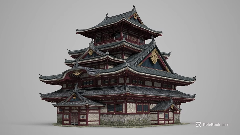 Ancient Chinese Tower Architecture With Multiple Overhanging Eaves Traditional Dark Roof And Red Wooden Structure 3d model 
