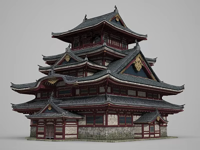 Ancient Chinese Tower Architecture With Multiple Overhanging Eaves Traditional Dark Roof And Red Wooden Structure 3d model
