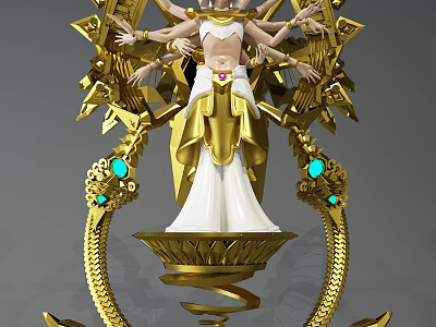 Game Movie Character With Golden Ornate Design Multiple Arms White Flowing Dress And Turquoise Gemstones 3d model