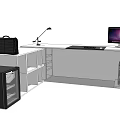 L Shaped Desk Workspace With Computer Monitor Keyboard Mouse Desk Lamp And Storage Shelves
