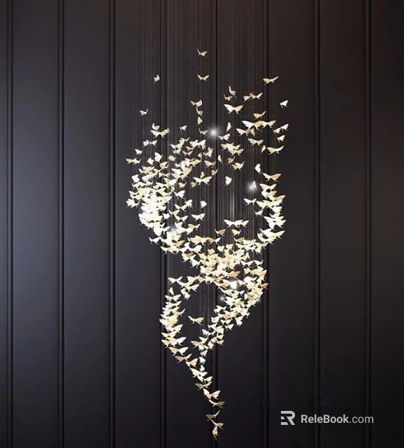 Artistic Golden Butterfly Shaped Chandelier Hanging And Illuminated Against Black Background 3d model 