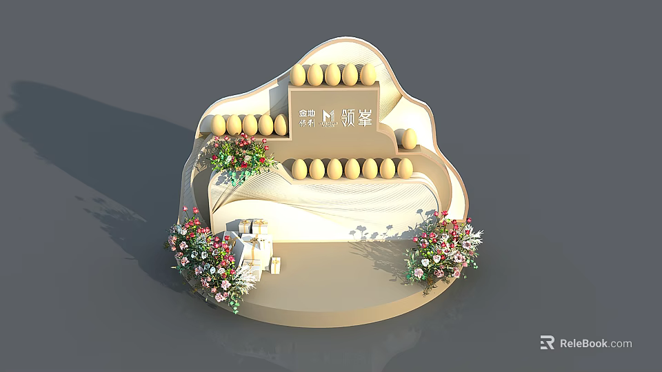 Elegant Nashi Display Stand With Arched Structure Circular Decorations And Flower Arrangements 3d model 
