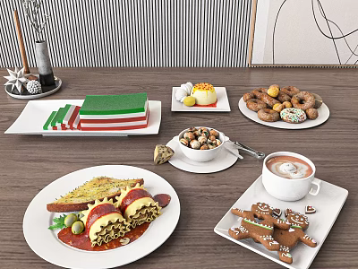 Plated Assorted Foods Pasta Desserts Cookies Coffee Donuts And Nuts On Wooden Table 3d model