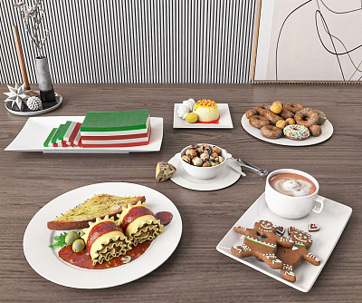 Plated Assorted Foods Pasta Desserts Cookies Coffee Donuts And Nuts On Wooden Table 3d model