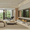 Modern Living Dining Room Interior With Beige Sofa Coffee Table Dining Chairs And Green Trees