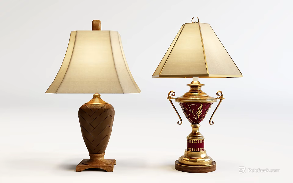 Two Stylish Table Lamps With Wooden And Gold Bases And Beige Lampshades 3d model 