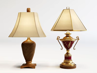 Two Stylish Table Lamps With Wooden And Gold Bases And Beige Lampshades 3d model