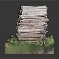 Stacked Wood Pile With Stone Decorations And Green Grass Natural Landscape Model