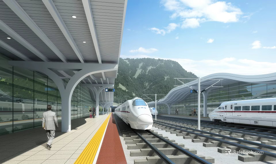 Modern Railway Station Platform With Bullet Train Glass Curtain Walls And Mountain View 3d model 