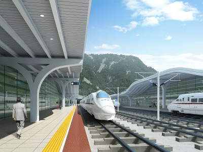 Modern Railway Station Platform With Bullet Train Glass Curtain Walls And Mountain View 3d model