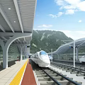 Modern Railway Station Platform With Bullet Train Glass Curtain Walls And Mountain View