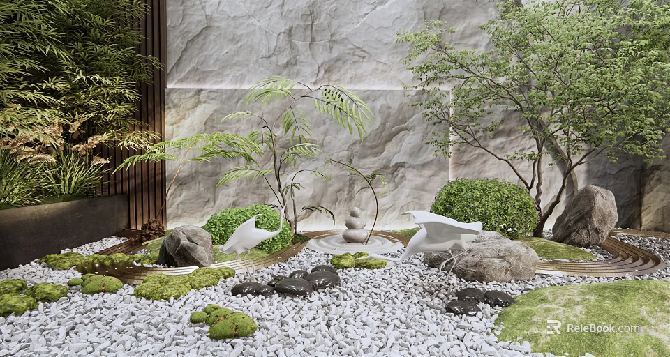 Zen Courtyard Garden Design With Stone Wall Mossy Rocks And Green Plants 3d model 