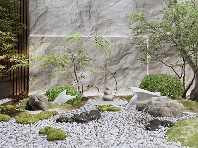 Zen Courtyard Garden Design With Stone Wall Mossy Rocks And Green Plants 3d model