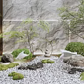 Zen Courtyard Garden Design With Stone Wall Mossy Rocks And Green Plants