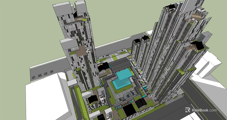 Modern Urban High Rise Residential Buildings With Central Courtyard Green Spaces And Water Features 3d model 