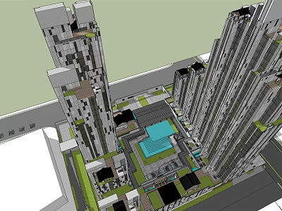 Modern Urban High Rise Residential Buildings With Central Courtyard Green Spaces And Water Features 3d model