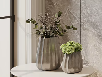 Large And Small Silver Textured Vases With Green Flowers And Purple Foliage On White Table 3d model