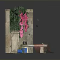 Detailed Decorative Garden Corner With Stone Walls Pink Flowering Vines Bench And Petals