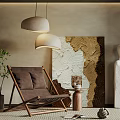 Stylish Wooden Frame Leisure Chair Interior With Hanging Lamps Green Plant Artwork And Sculpture