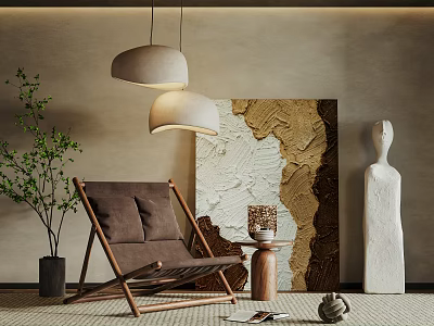 Stylish Wooden Frame Leisure Chair Interior With Hanging Lamps Green Plant Artwork And Sculpture 3d model